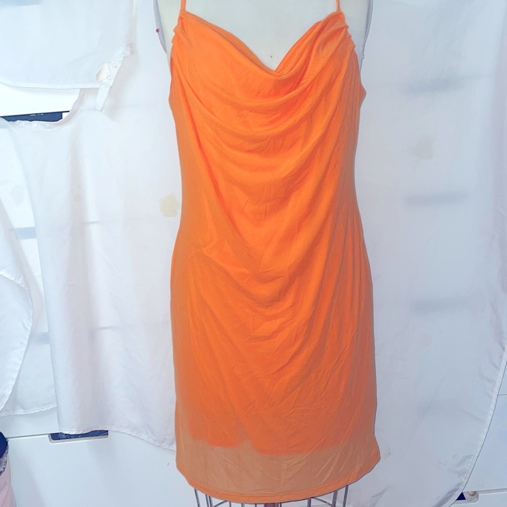 Orange mesh fabric cowl draped neck dress forever 21